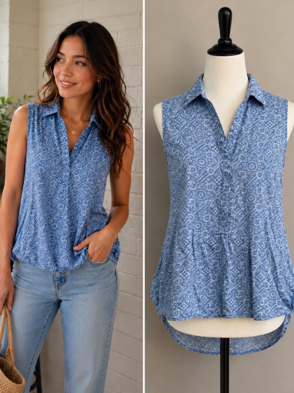 Style & Co. Linen Cotton Pullover Women's Top Sz M Casual Sleeveless Blue Tank
